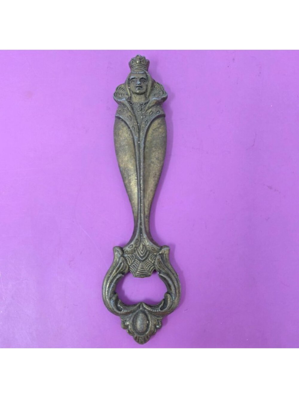 Vintage Brass Bottle Opener Figural Crowned Lady Ornate Barware Old Label Italy